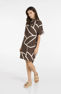 YAYA - Printed Dress with Polo collar in Chocolate Martini Brown