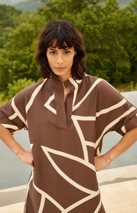 YAYA - Printed Dress with Polo collar in Chocolate Martini Brown