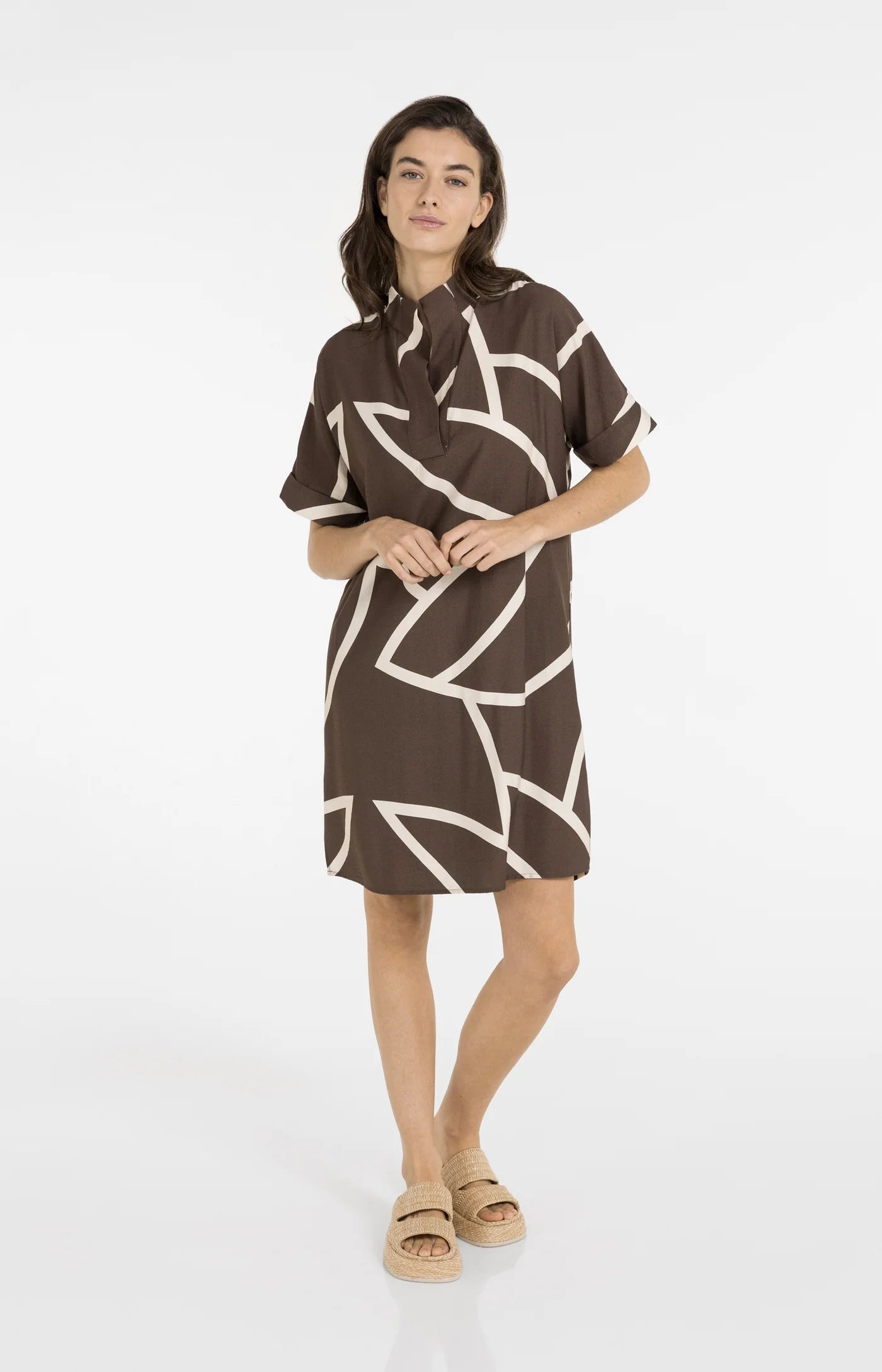 YAYA - Printed Dress with Polo collar in Chocolate Martini Brown