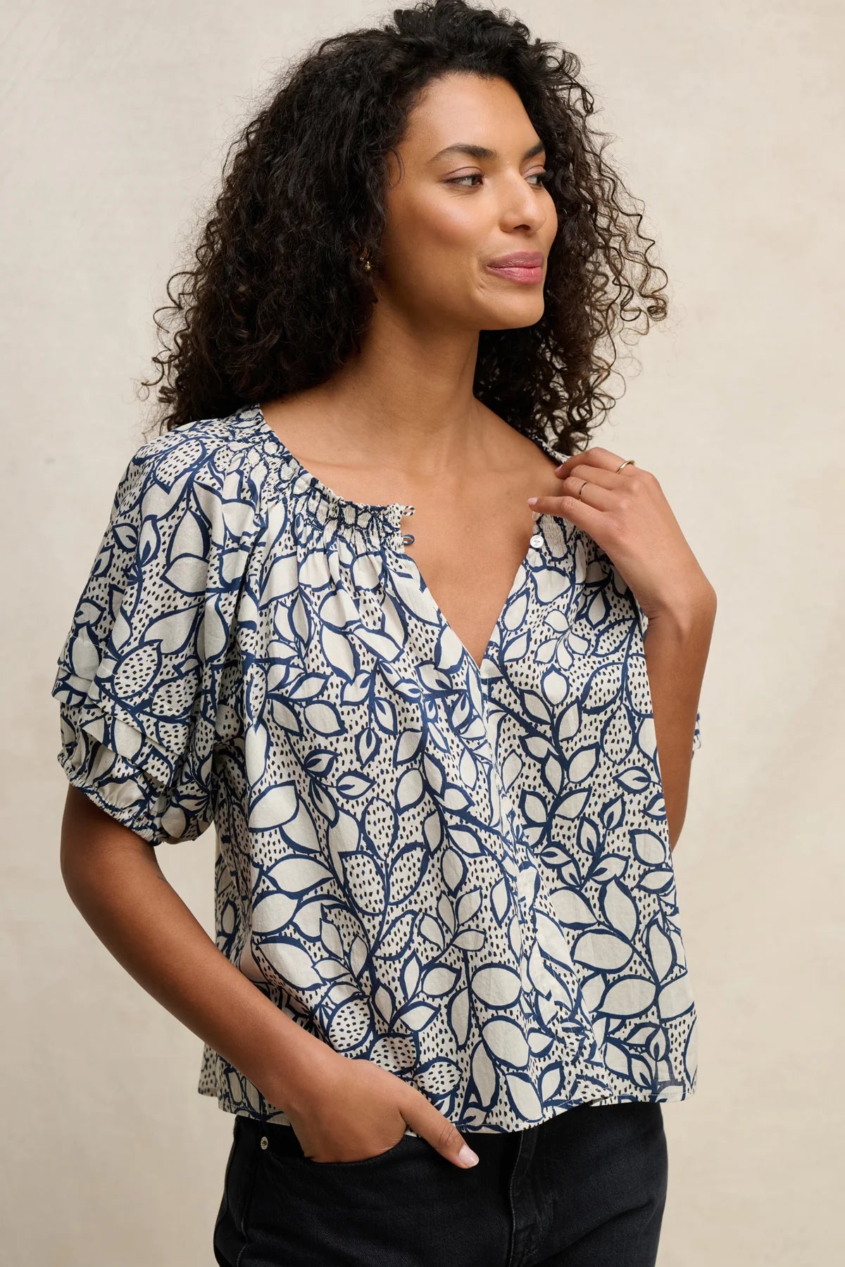 Velvet - Thera - Printed Voile Top in Dove