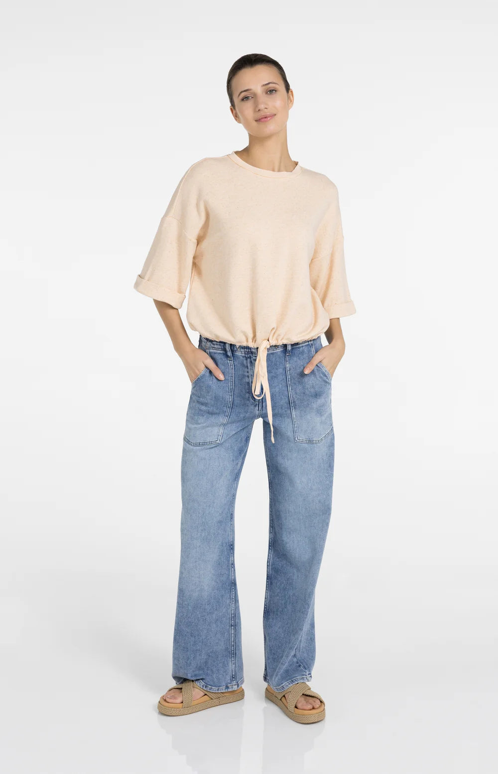 YAYA - Loose Fit Jeans with Drawstring in Mid Blue
