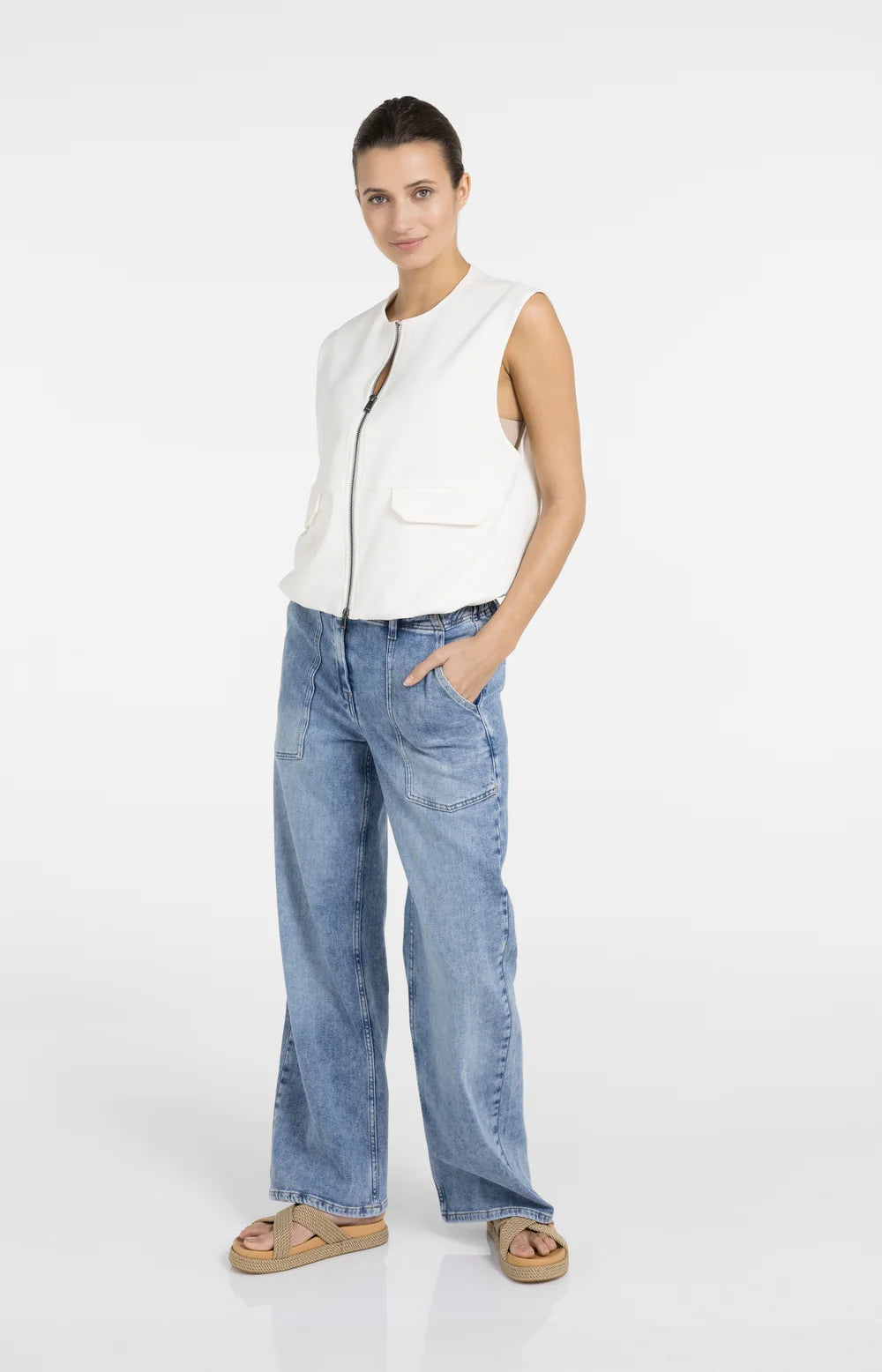YAYA - Loose Fit Jeans with Drawstring in Mid Blue