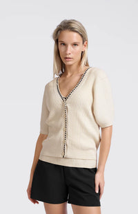 YAYA - Rib Cardigan with Stitch detail in Summer Sand