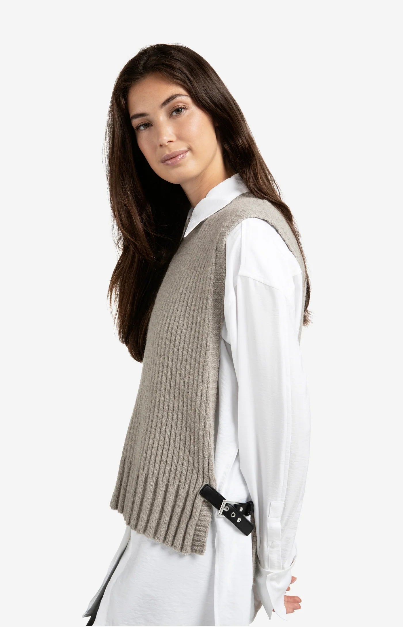 YAYA - Ribbed Sleeveless Sweater with Side Buckles