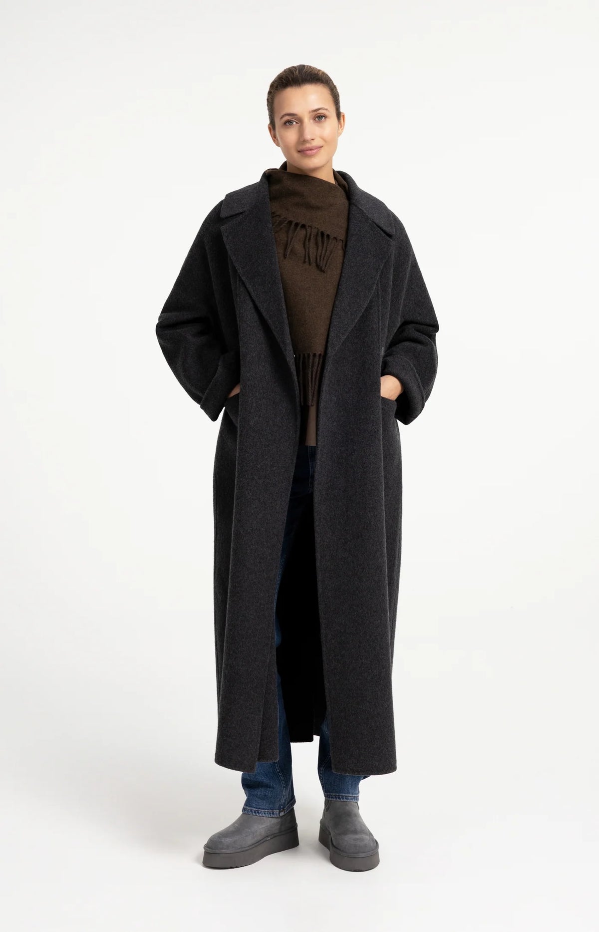 YAYA - Scarf Wrap with Twisted Fringes in Slate Black Brown