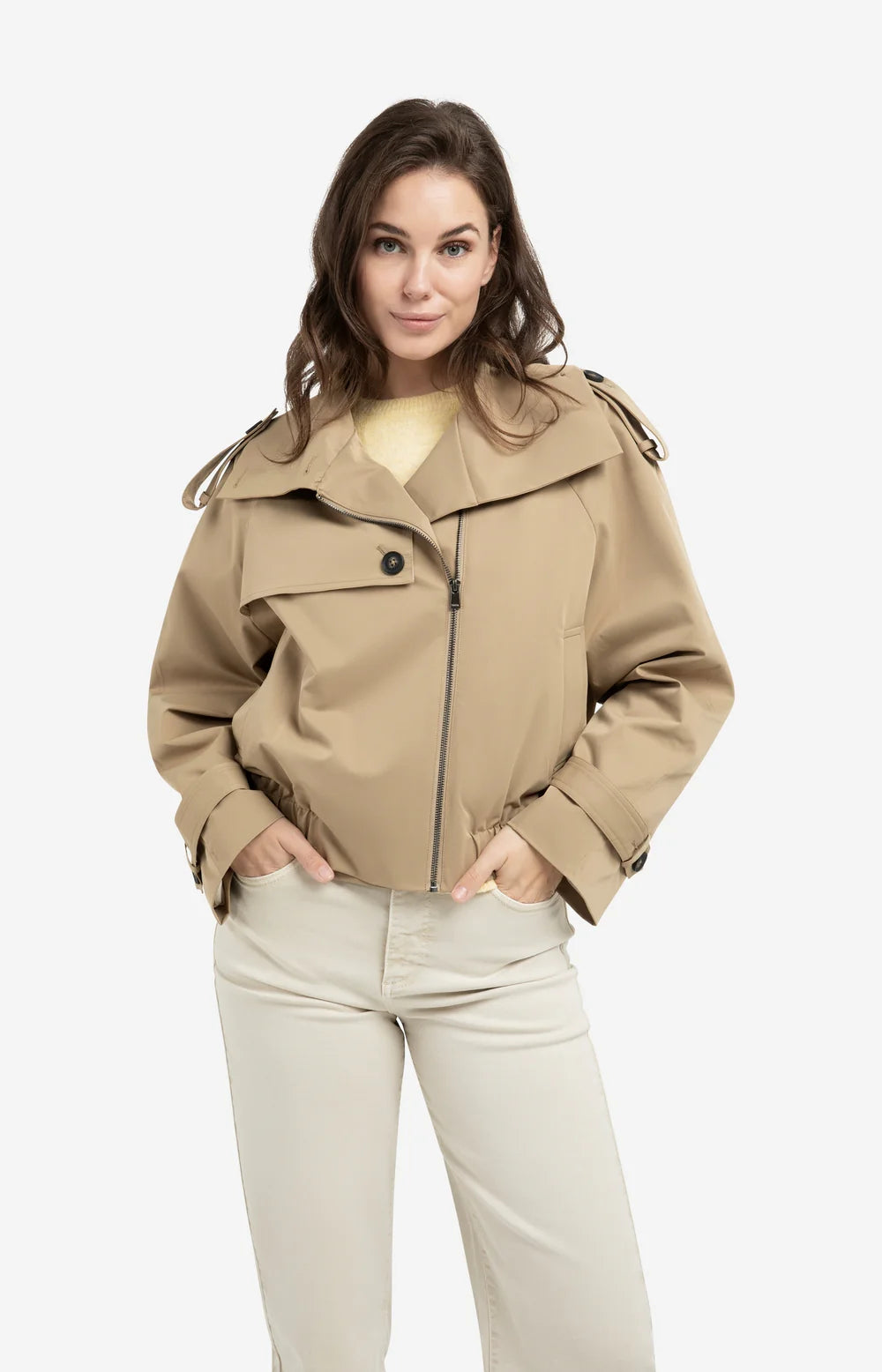 YAYA - Short Woven Trenchcoat Bomber Jacket in Khaki Green