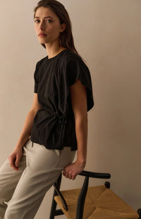 YAYA - Short Sleeve Top with Tie Detail and Fabric Mix in Black