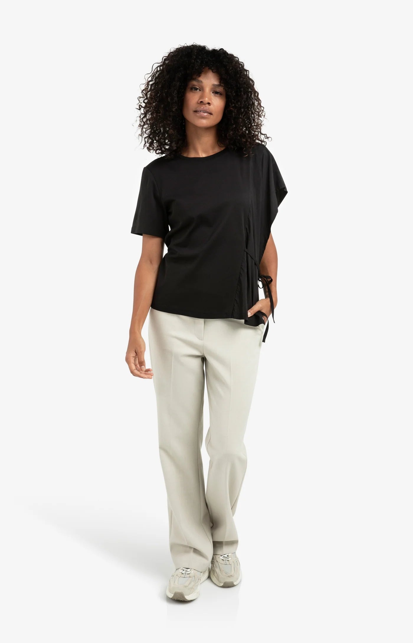 YAYA - Short Sleeve Top with Tie Detail and Fabric Mix in Black