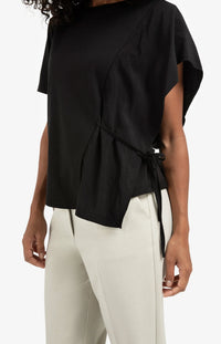 YAYA - Short Sleeve Top with Tie Detail and Fabric Mix in Black