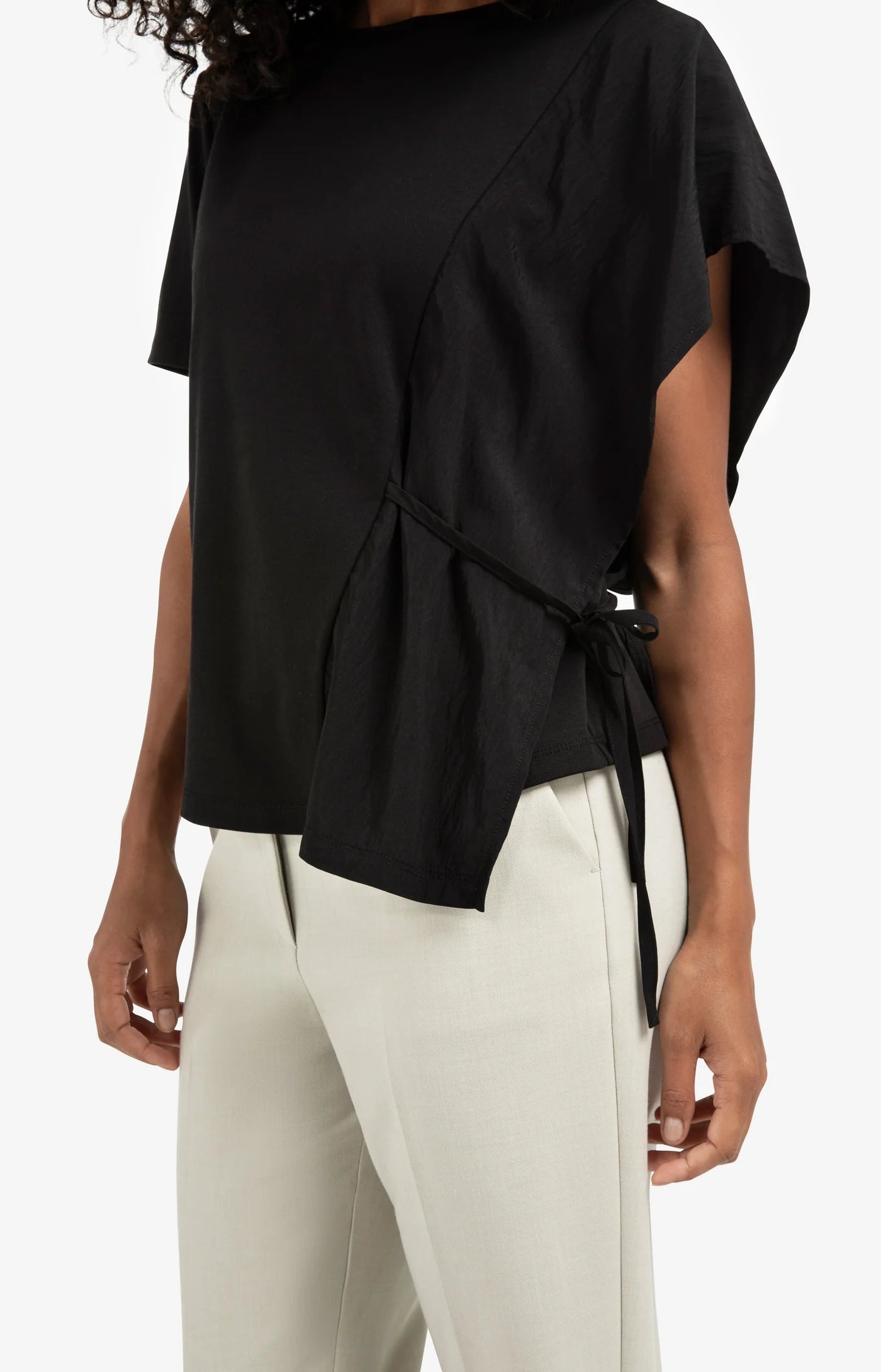 YAYA - Short Sleeve Top with Tie Detail and Fabric Mix in Black