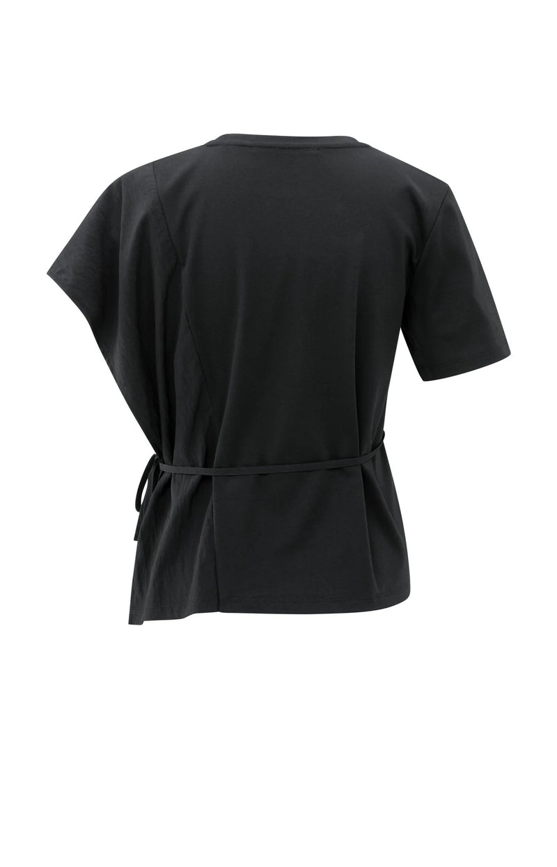 YAYA - Short Sleeve Top with Tie Detail and Fabric Mix in Black