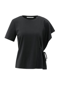 YAYA - Short Sleeve Top with Tie Detail and Fabric Mix in Black