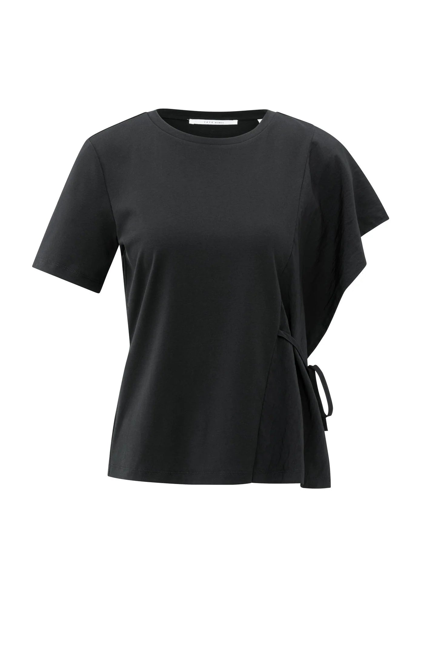 YAYA - Short Sleeve Top with Tie Detail and Fabric Mix in Black