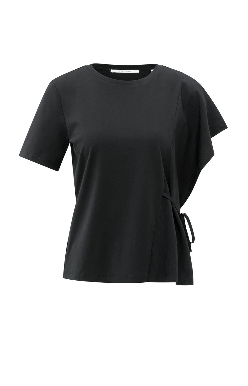 YAYA - Short Sleeve Top with Tie Detail and Fabric Mix in Black