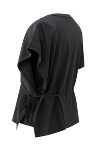 YAYA - Short Sleeve Top with Tie Detail and Fabric Mix in Black