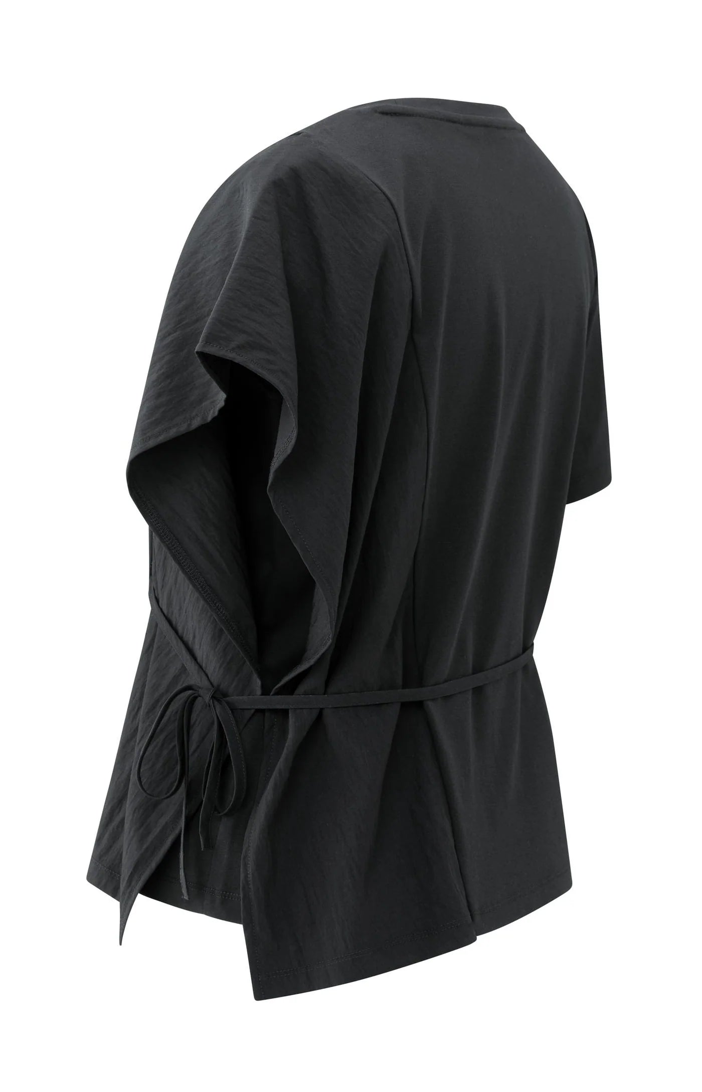 YAYA - Short Sleeve Top with Tie Detail and Fabric Mix in Black