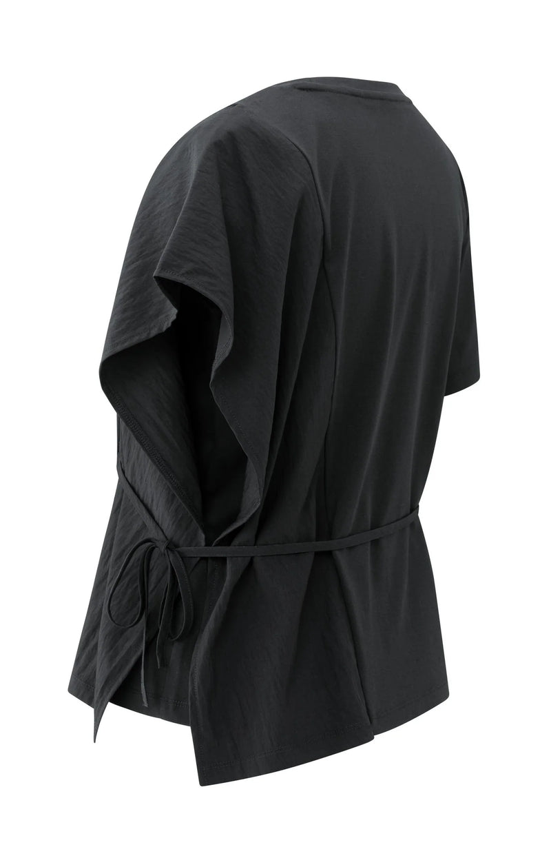 YAYA - Short Sleeve Top with Tie Detail and Fabric Mix in Black