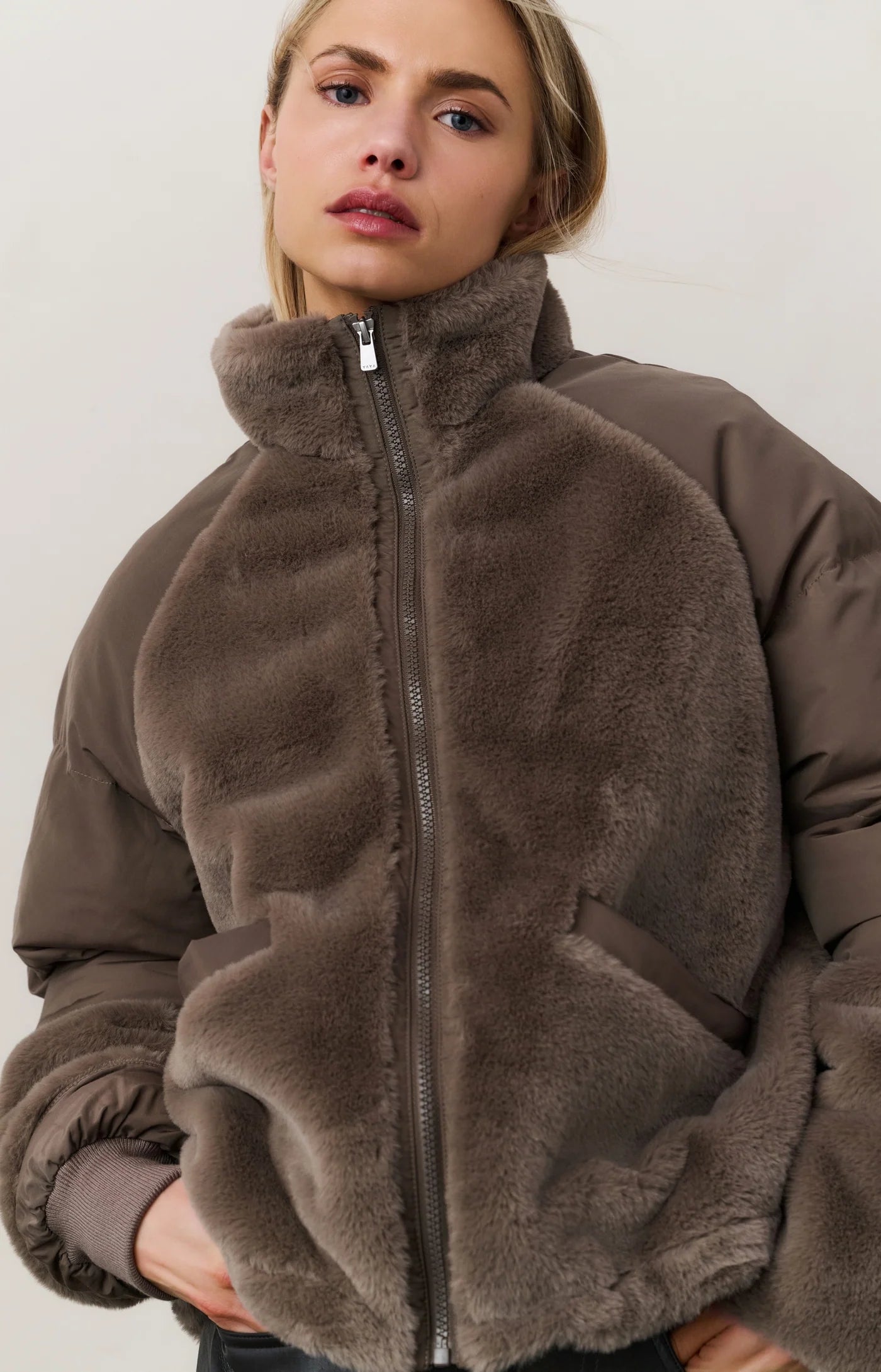 YAYA - Short Teddy Jacket with Padded Sleeves in Brown
