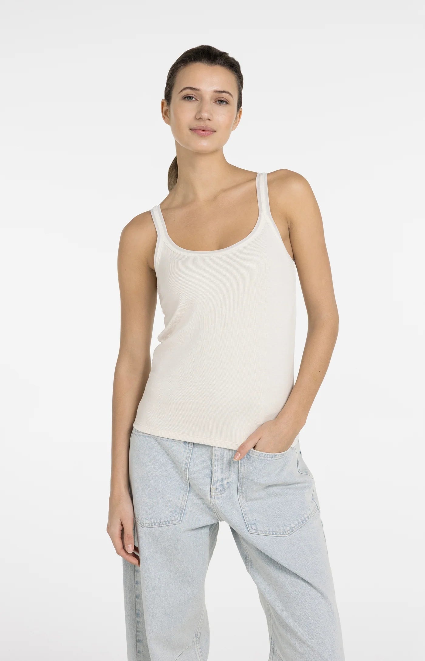 YAYA - Singlet with Mesh Edge in Creme Beige