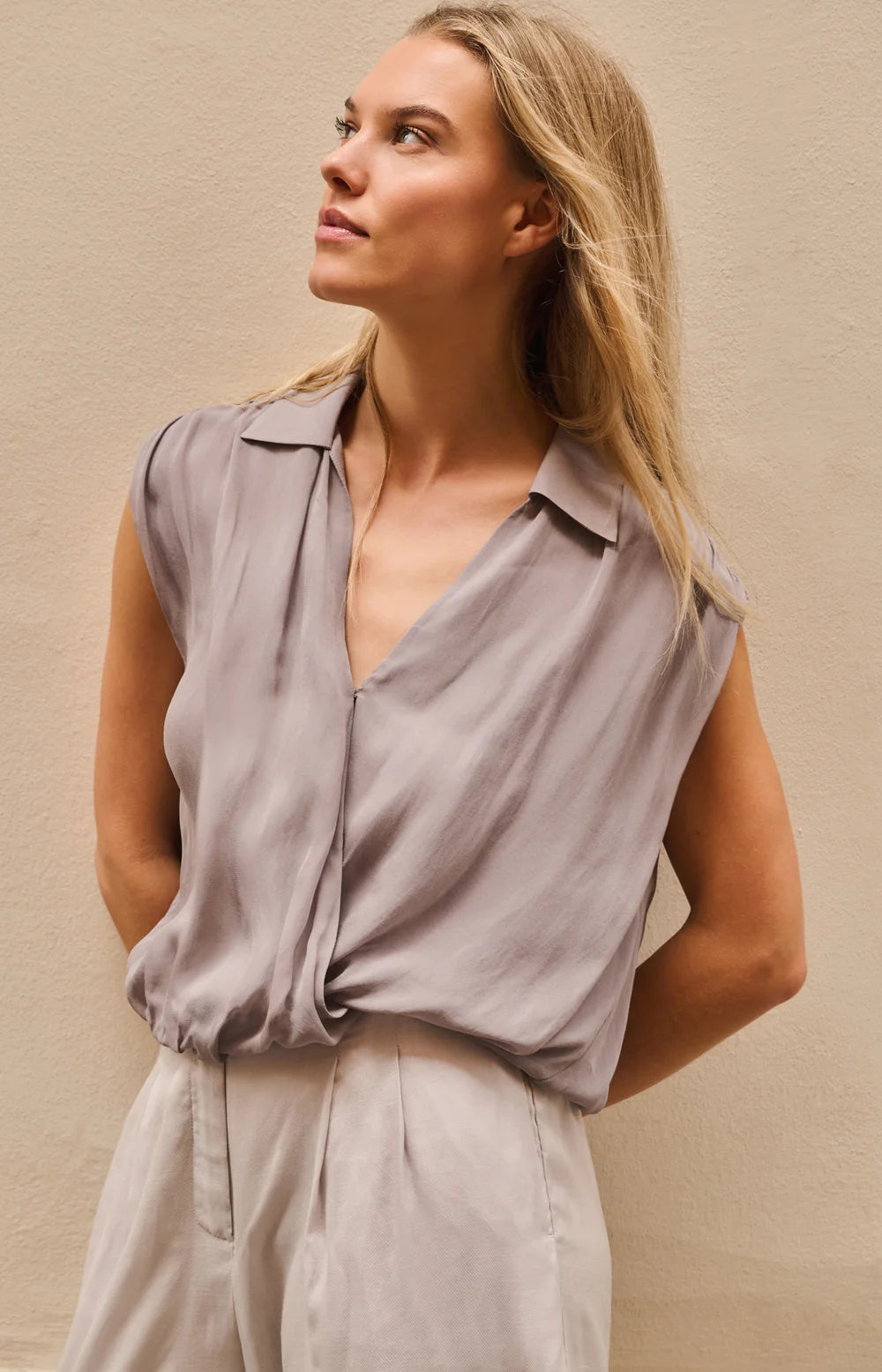 YAYA - Sleeveless Blouse with Tie Detail in Storm Cloud Grey