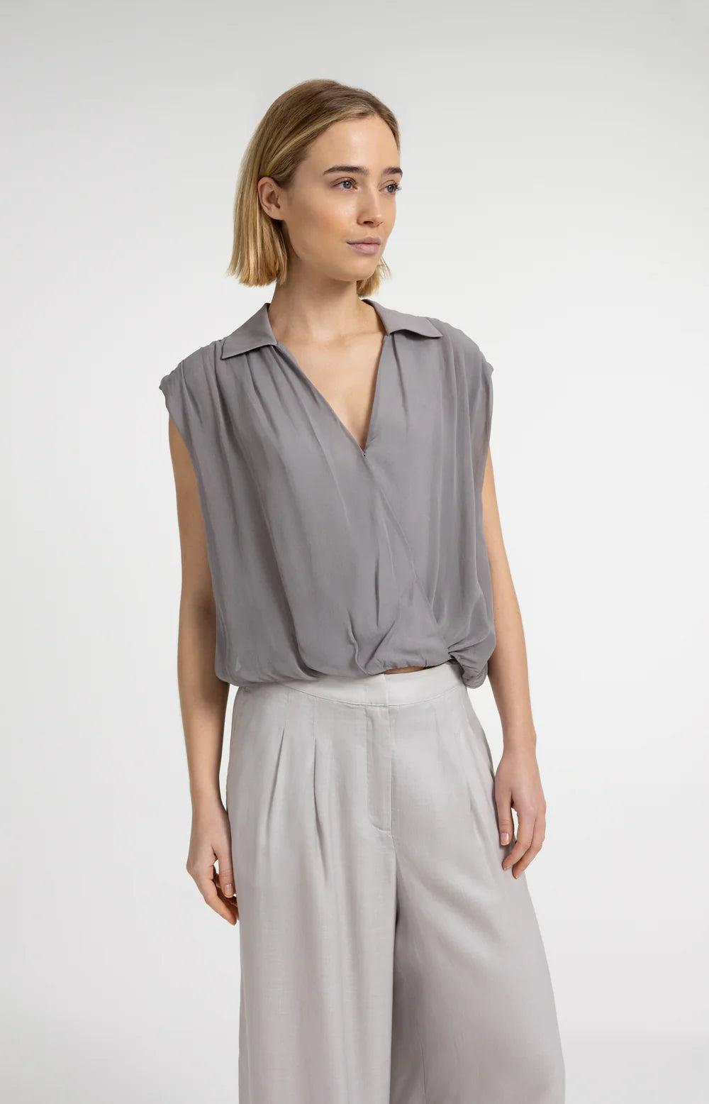 YAYA - Sleeveless Blouse with Tie Detail in Storm Cloud Grey