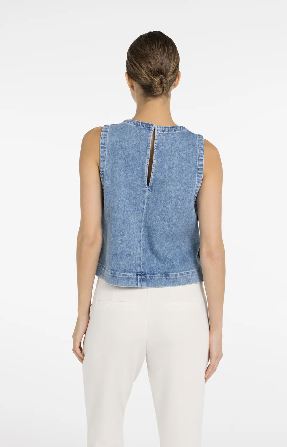 YAYA - Sleeveless Loose Fit Denim Top in Mid Blue