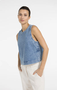YAYA - Sleeveless Loose Fit Denim Top in Mid Blue