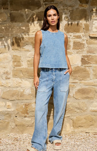 YAYA - Sleeveless Loose Fit Denim Top in Mid Blue