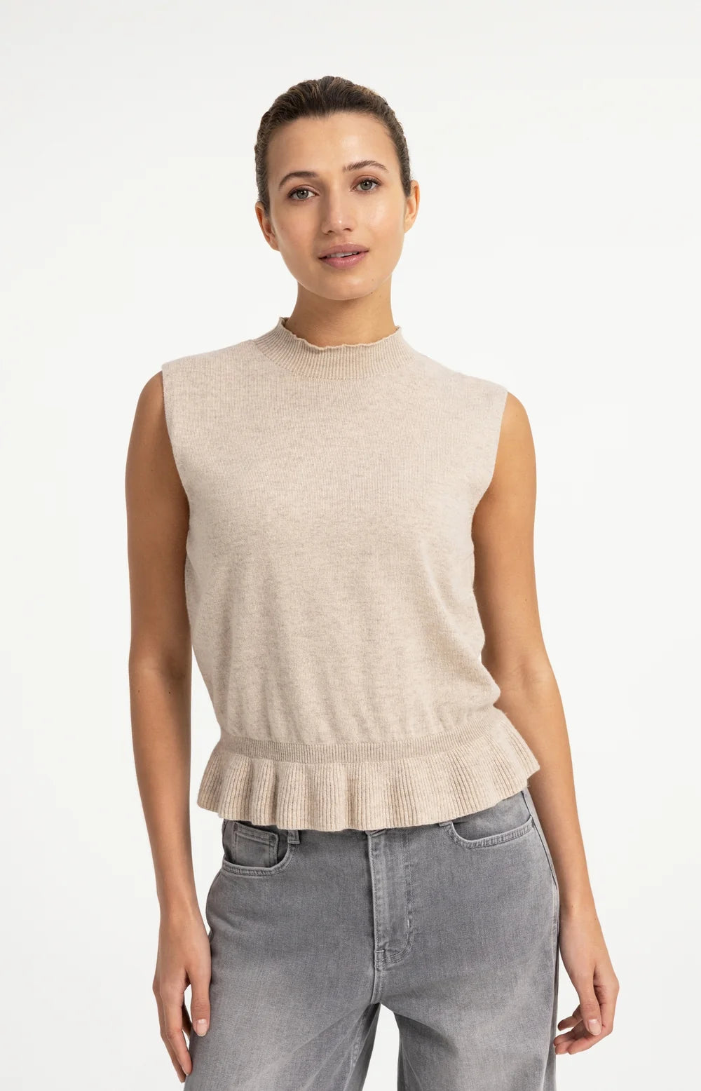 YAYA - Sleeveless Sweater with Ruffle Hem in Light Beige Melange