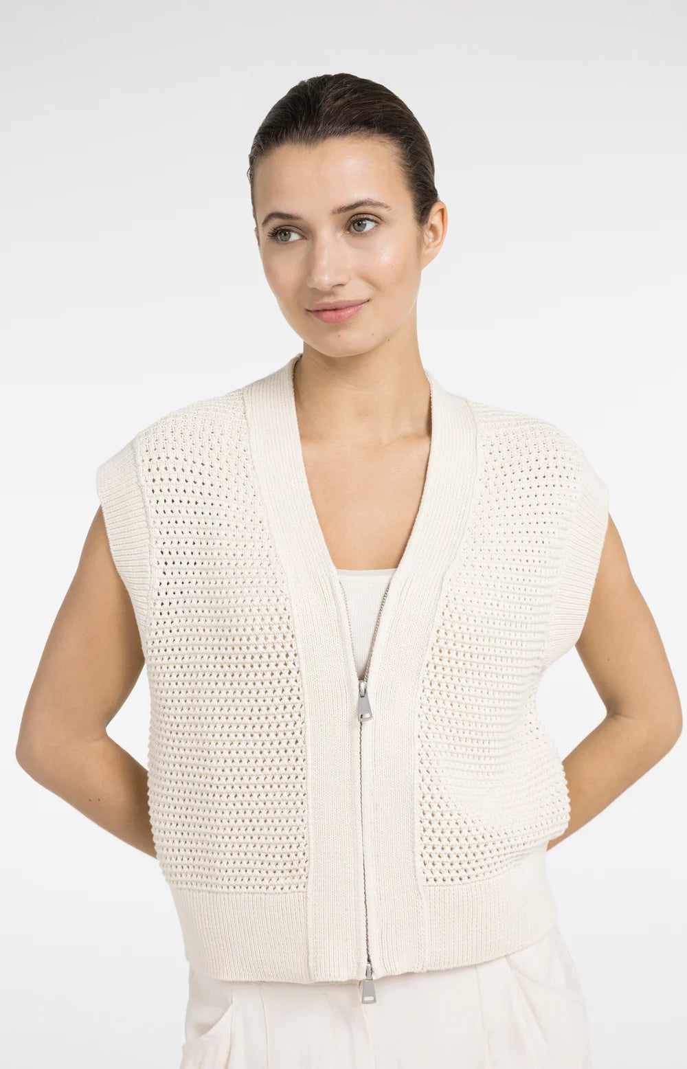 YAYA - Sleeveless Mesh Knit Cardigan in Creme Beige