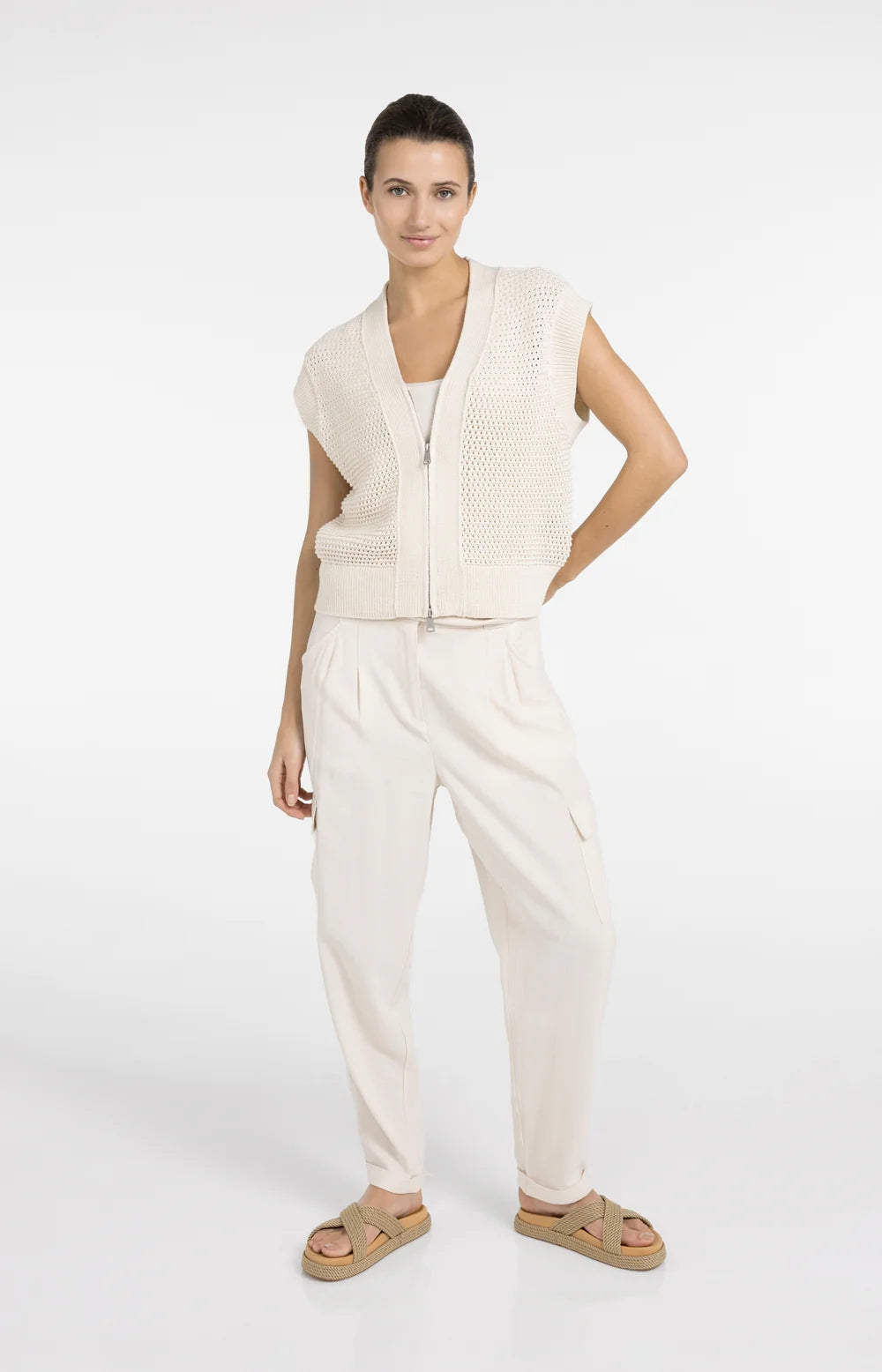 YAYA - Sleeveless Mesh Knit Cardigan in Creme Beige