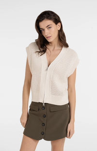 YAYA - Sleeveless Mesh Knit Cardigan in Creme Beige