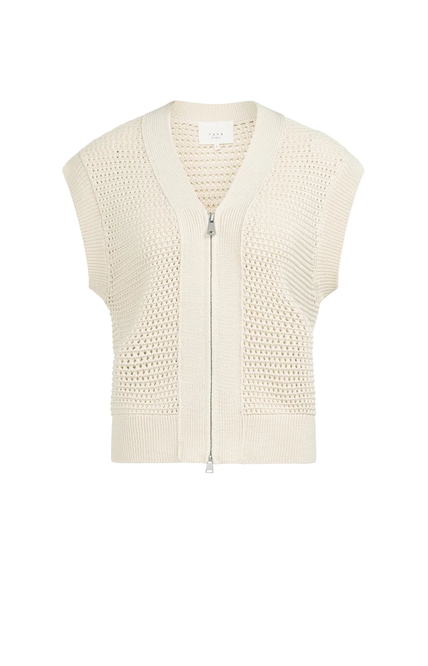 YAYA - Sleeveless Mesh Knit Cardigan in Creme Beige