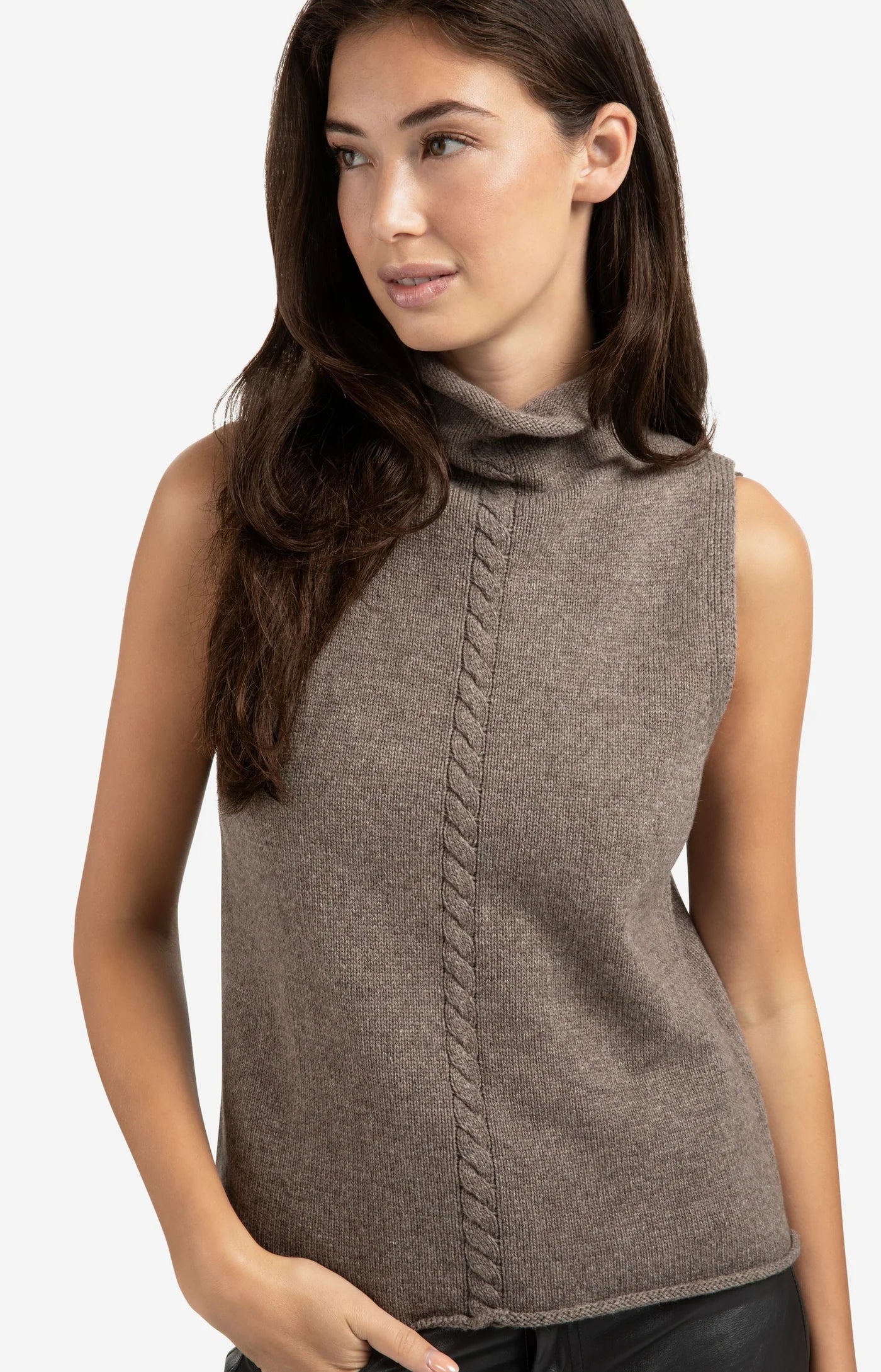 YAYA - Sleeveless Sweater with High Neck and Cable Detail