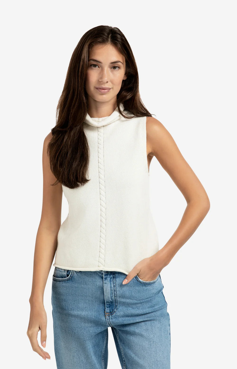 YAYA - Sleeveless Sweater with High Neck and Cable Detail