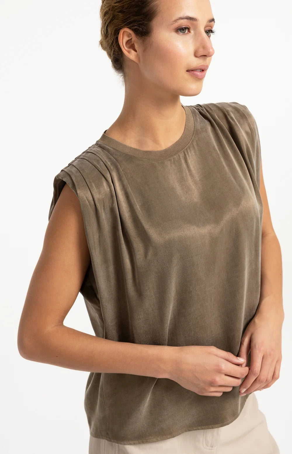 YAYA - Sleeveless top with shoulder pleats - Teak Brown