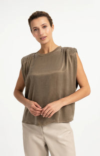YAYA - Sleeveless top with shoulder pleats - Teak Brown