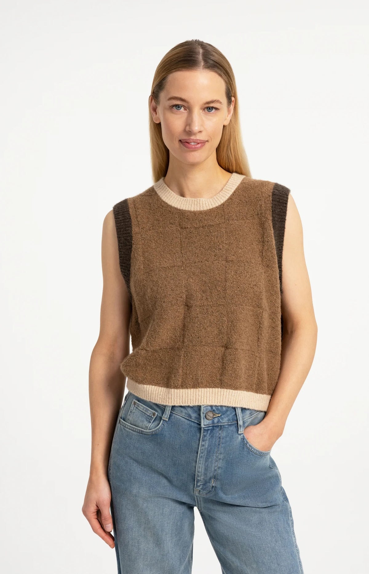 YAYA - Checked Textured Spencer in Otter Brown
