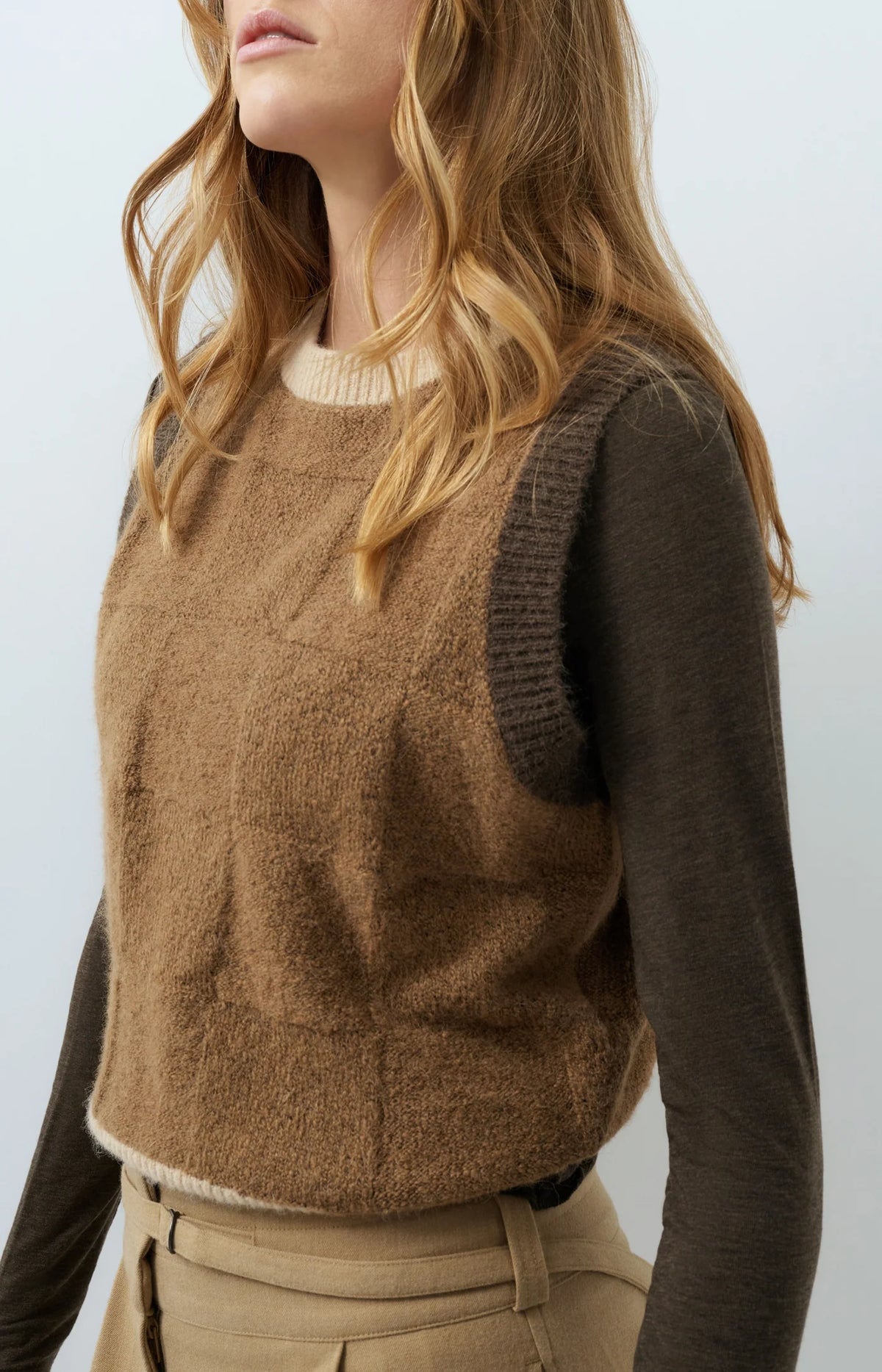 YAYA - Checked Textured Spencer in Otter Brown