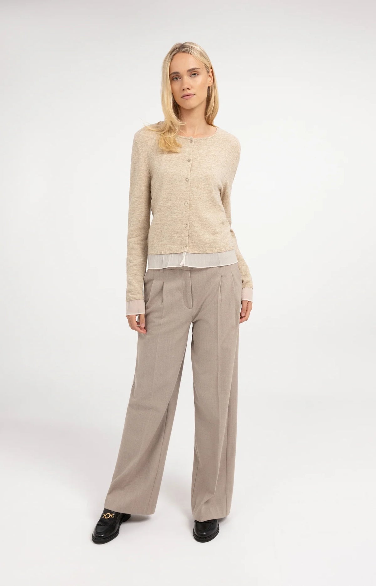 YAYA - Soft Woven Wide Leg Trousers in Beige Melange