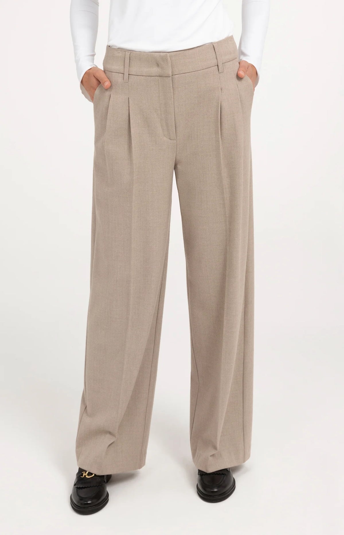 YAYA - Soft Woven Wide Leg Trousers in Beige Melange