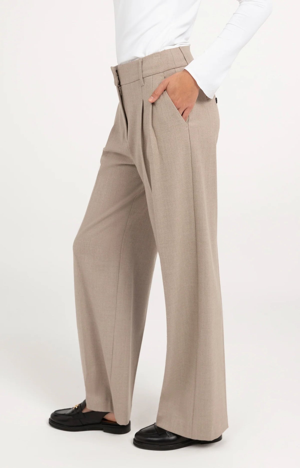 YAYA - Soft Woven Wide Leg Trousers in Beige Melange