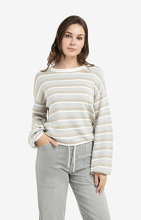 YAYA - Striped Sweater with Drawstring Hem in Vapor Blue Grey Dessin