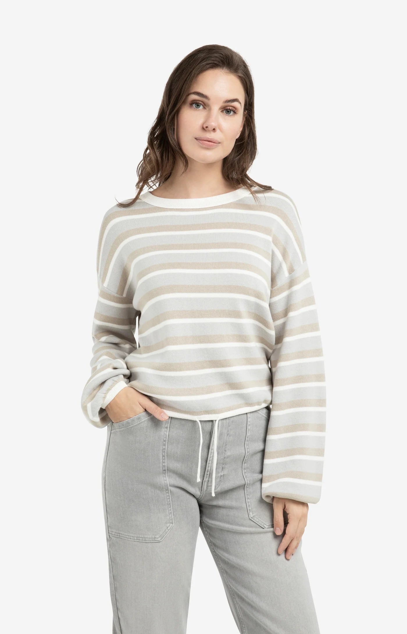 YAYA - Striped Sweater with Drawstring Hem in Vapor Blue Grey Dessin