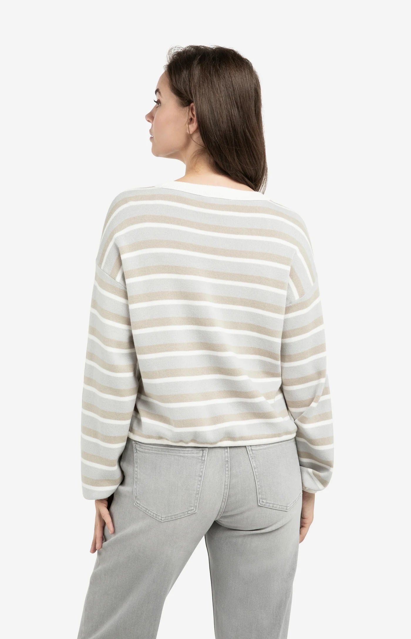 YAYA - Striped Sweater with Drawstring Hem in Vapor Blue Grey Dessin
