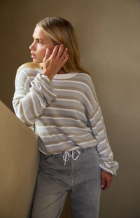 YAYA - Striped Sweater with Drawstring Hem in Vapor Blue Grey Dessin