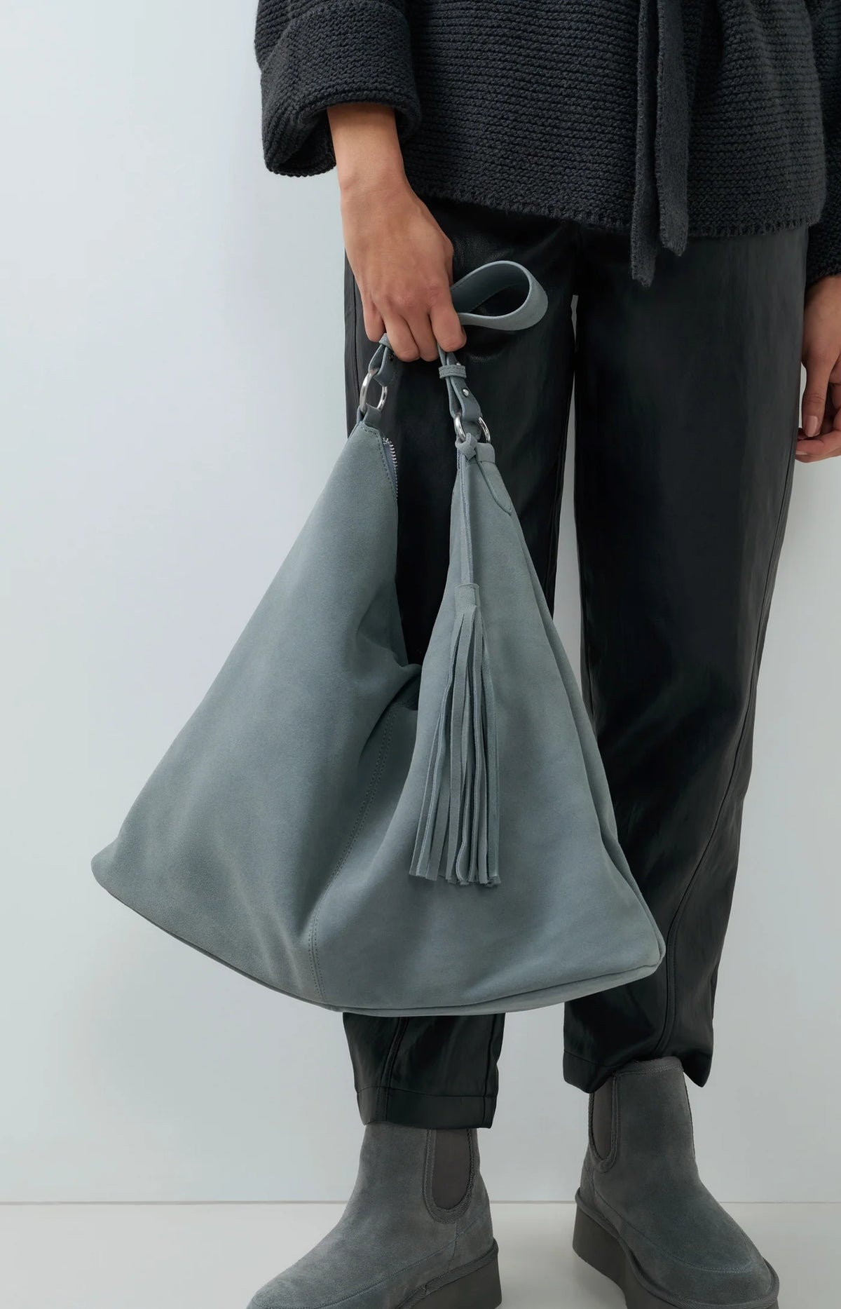 YAYA - Suede Shopper Bag with Tassel in Full Moon Grey