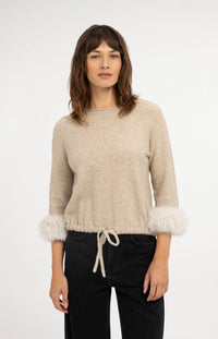 YAYA - Sweater with Detachable Fur Cuffs in Light Beige Melange