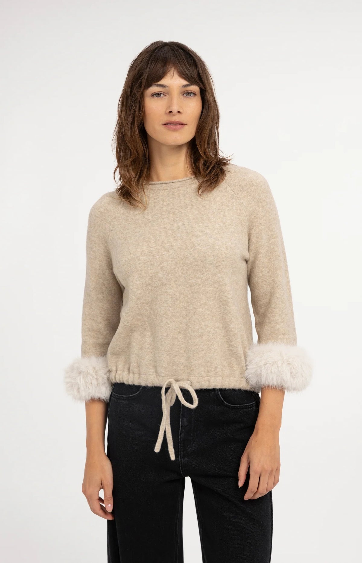 YAYA - Sweater with Detachable Fur Cuffs in Light Beige Melange