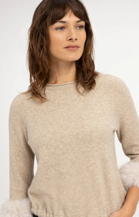 YAYA - Sweater with Detachable Fur Cuffs in Light Beige Melange